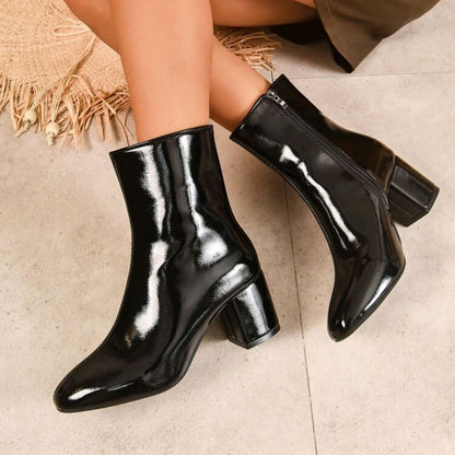 Damen Stiefeletten Lackleder Schwarz Elegantes Design