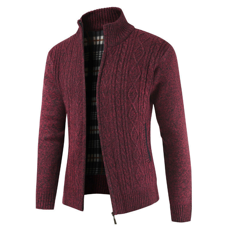 Herren Strickjacke Zopfmuster Hochkragen Schwarz