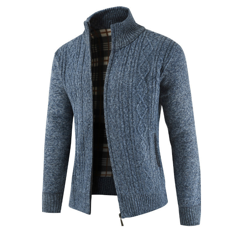 Herren Strickjacke Zopfmuster Hochkragen Schwarz