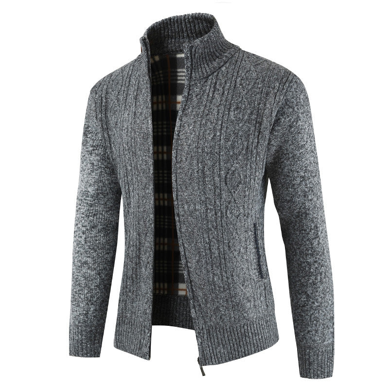 Herren Strickjacke Zopfmuster Hochkragen Schwarz