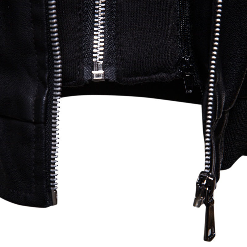 Herren Lederjacke mit Kapuze Sportlich Elegant Schwarz