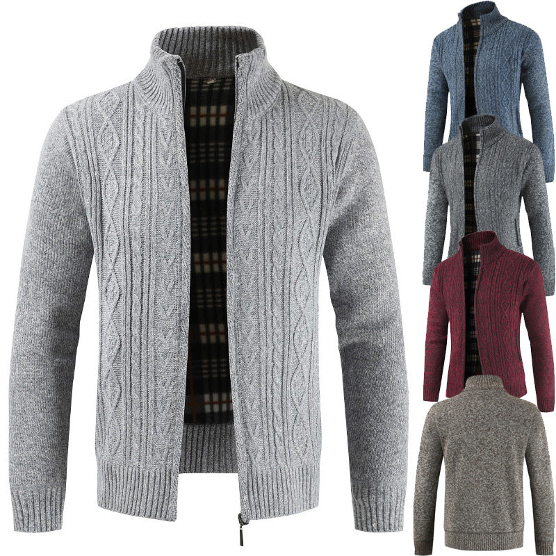 Herren Strickjacke Zopfmuster Hochkragen Schwarz