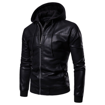 Herren Lederjacke mit Kapuze Sportlich Elegant Schwarz