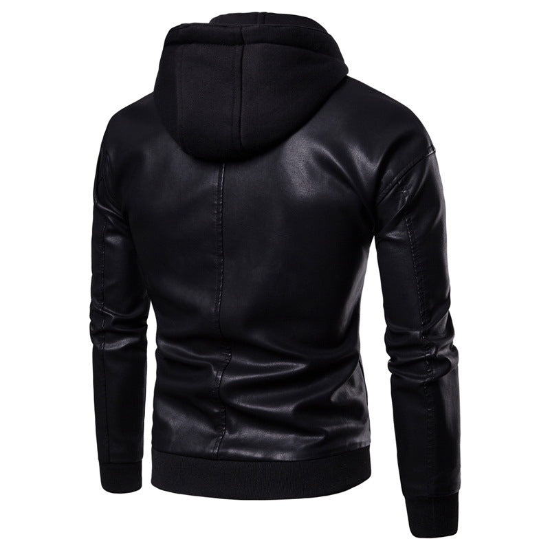 Herren Lederjacke mit Kapuze Sportlich Elegant Schwarz