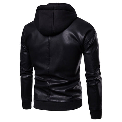 Herren Lederjacke mit Kapuze Sportlich Elegant Schwarz