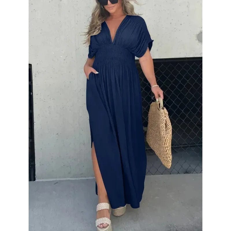 Langes Damen Maxikleid Sommer Boho Strandkleid mit V-Ausschnitt