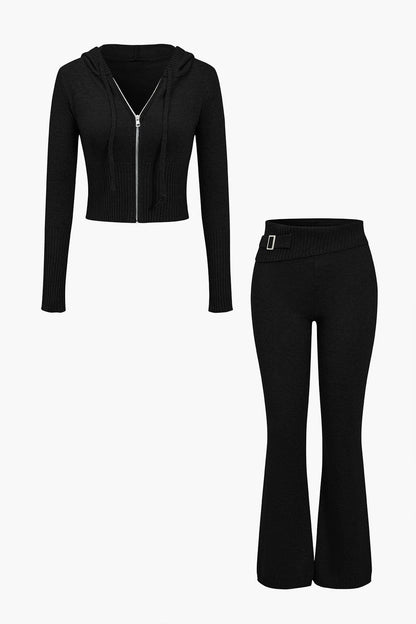 Strick-Set mit Kapuzenjacke und Schlaghose Warm