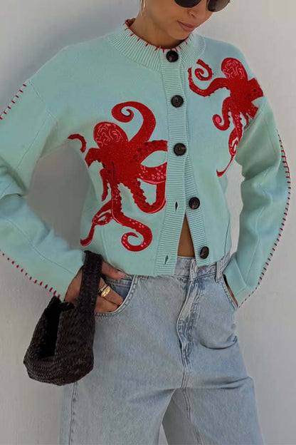 Maritime Strickjacke Oktopus Motiv Kontrast