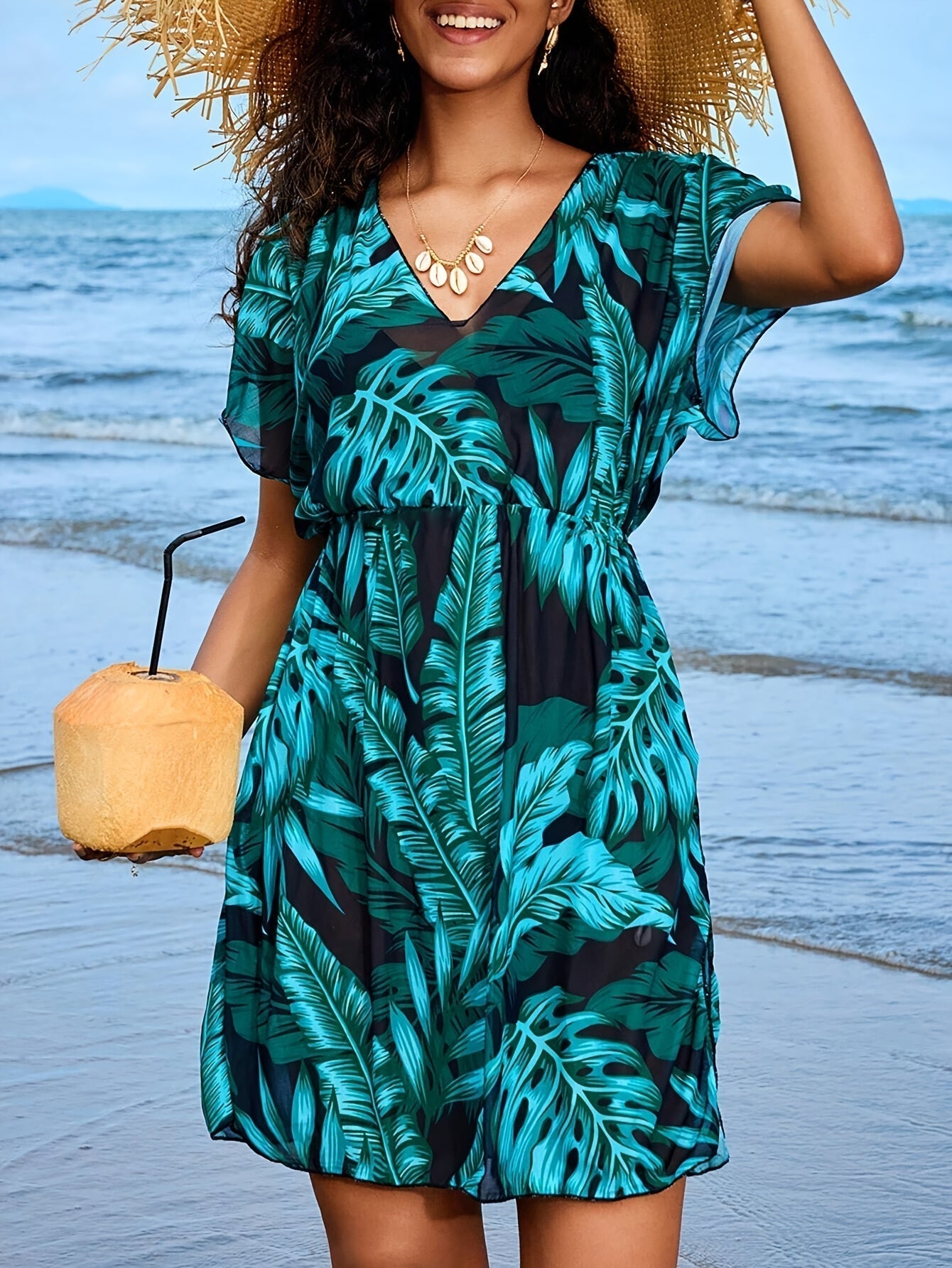 Boho Strandkleid mit V-Ausschnitt und Blumenmuster