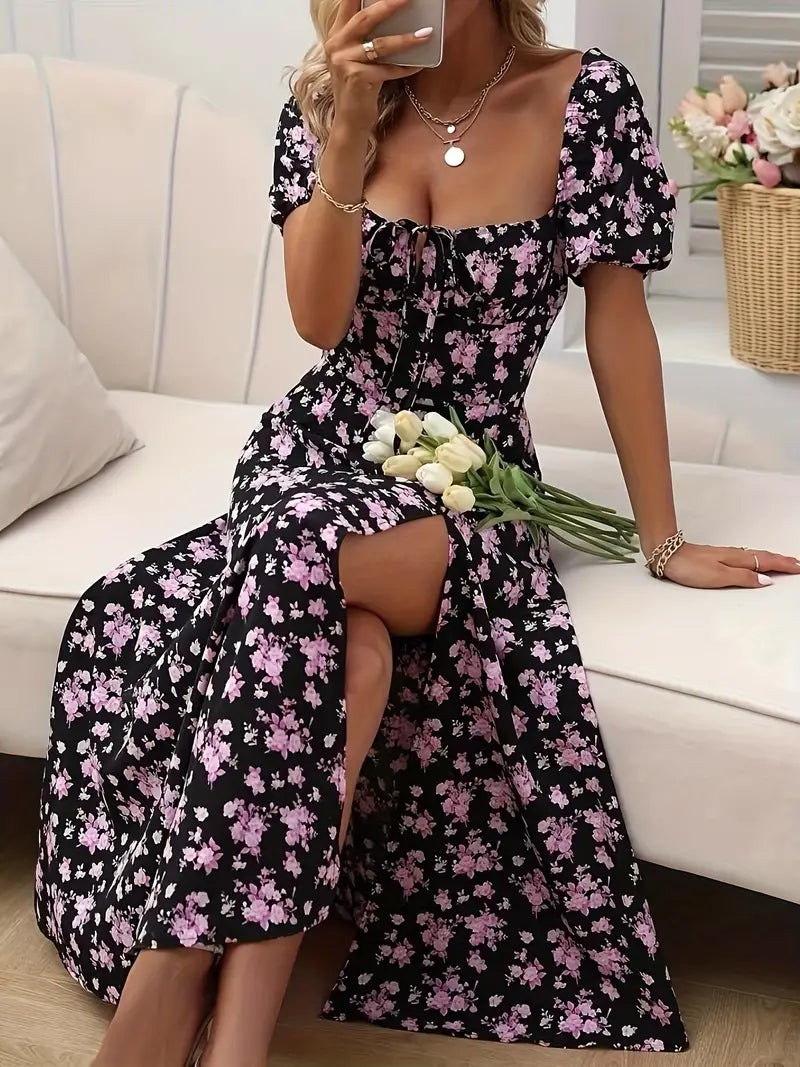 Schickes A-Linien-Kleid mit Puffärmeln Blumendruck Damenkleid