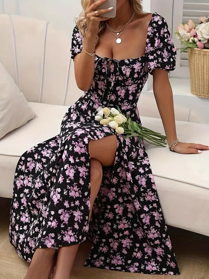 Schickes A-Linien-Kleid mit Puffärmeln Blumendruck Damenkleid