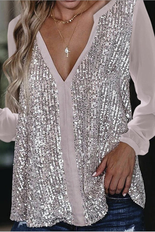 Glamour Bluse mit Pailletten V-Ausschnitt Langärmlig - BerlinGlamour