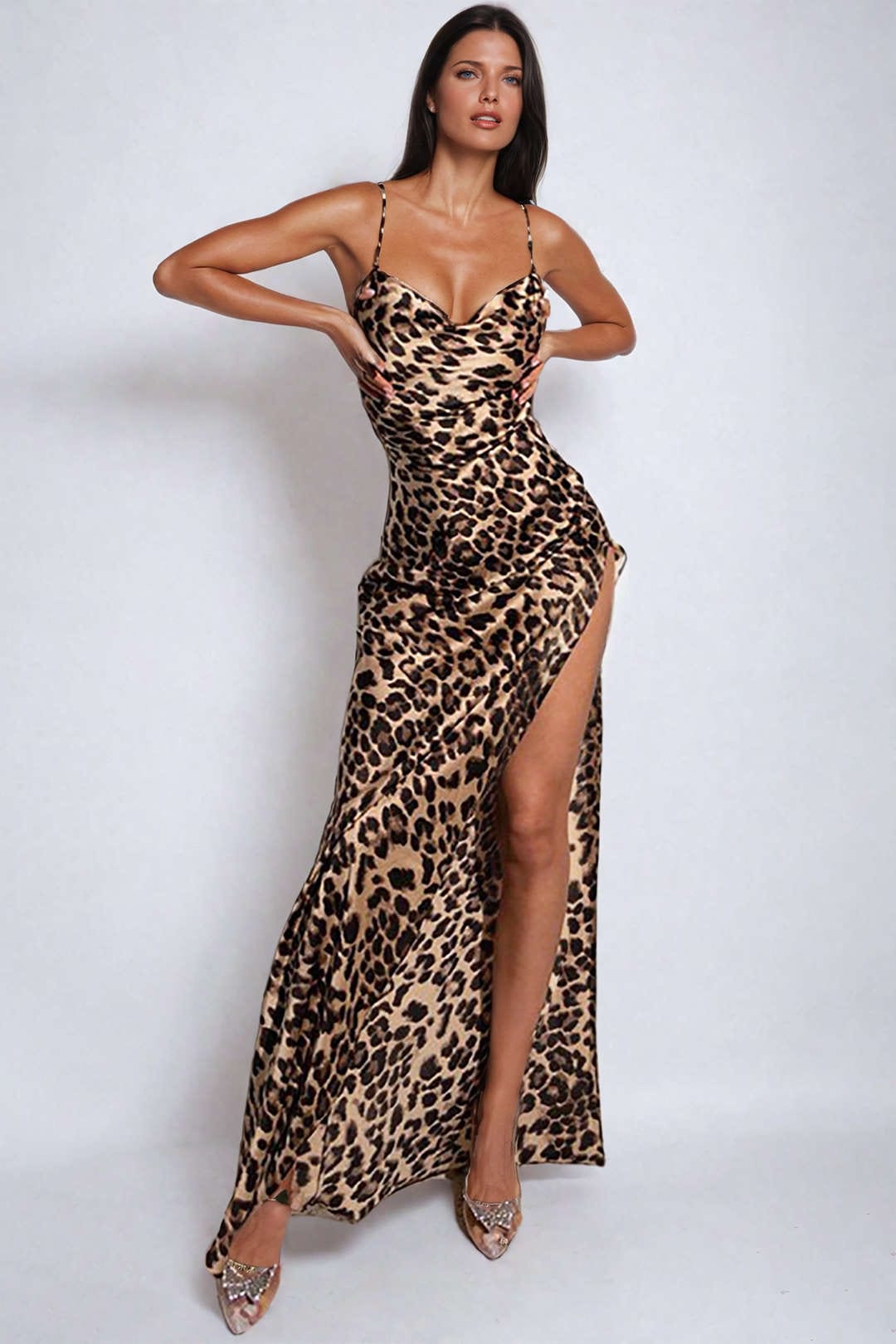 Leopard Maxikleid Damen BeinschlitzSexy Abendkleid - BerlinGlamour
