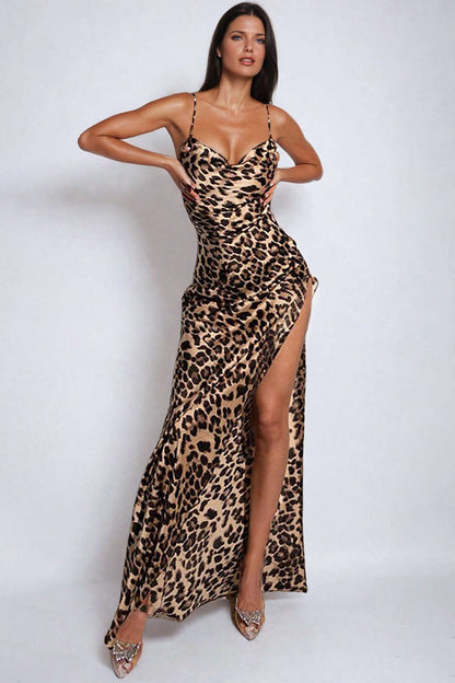 Leopard Maxikleid Damen BeinschlitzSexy Abendkleid - BerlinGlamour