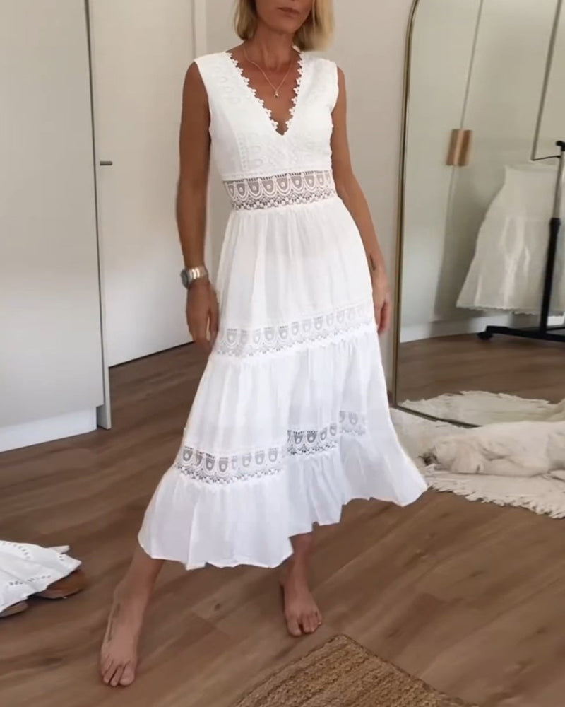 Midi Sommerkleid Spitze V-Ausschnitt Elegant Frauenkleid - BerlinGlamour