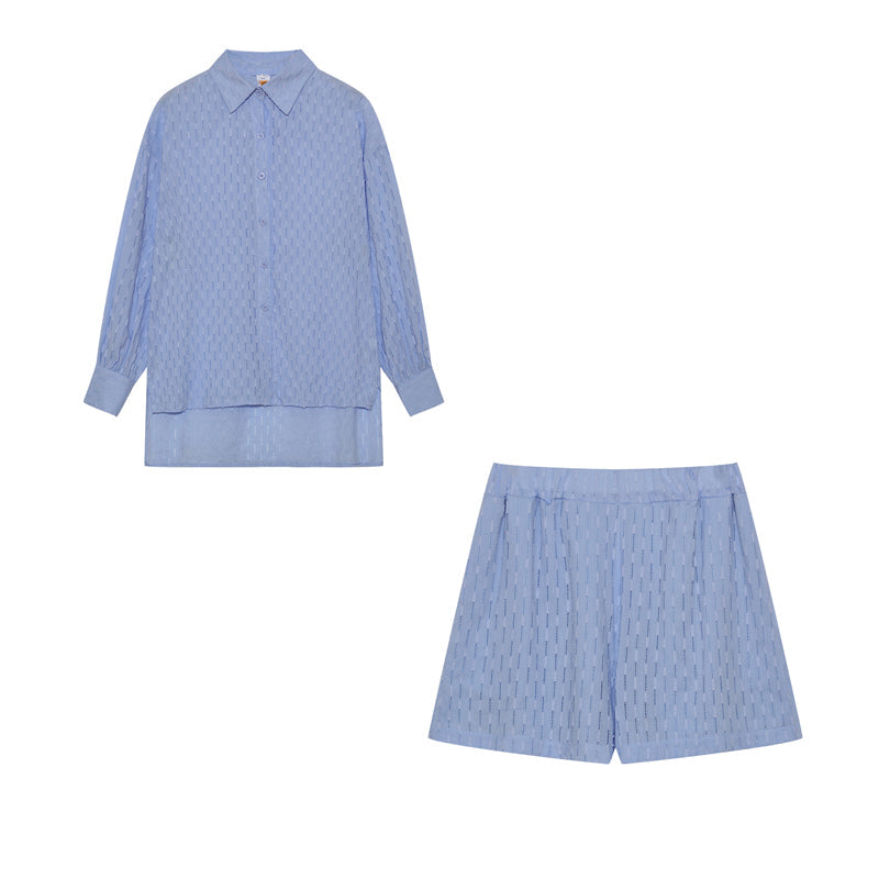 Baumwoll Zweiteiler Damen Oversize Bluse Shorts Leicht