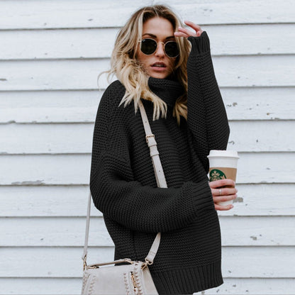 Damen Pullover Grobstrick Hochkragen Lässig Oversized
