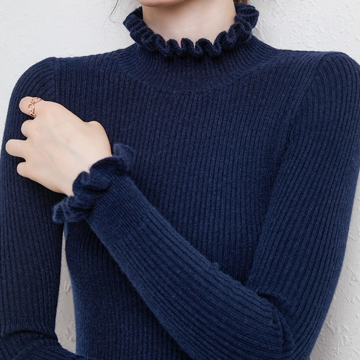 Damen Strickpullover Rollkragen Weich Rüschendetails