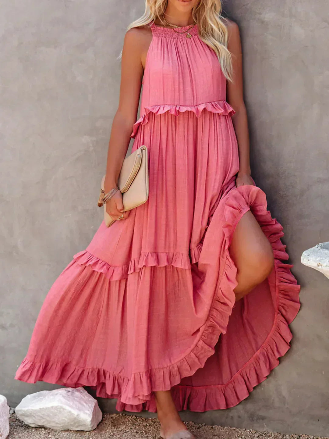 Sommer Maxikleid mit Volants Neckholder Damenkleid