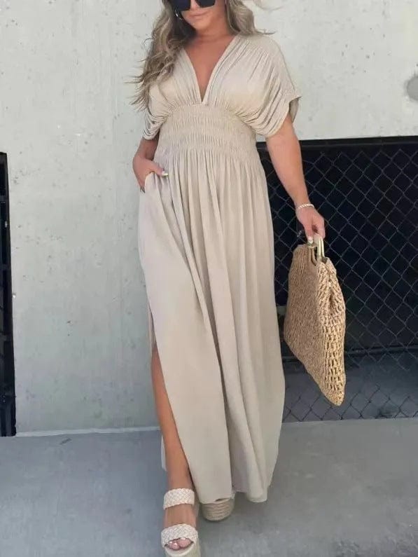 Langes Damen Maxikleid Sommer Boho Strandkleid mit V-Ausschnitt