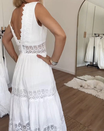Midi Sommerkleid Spitze V-Ausschnitt Elegant Frauenkleid