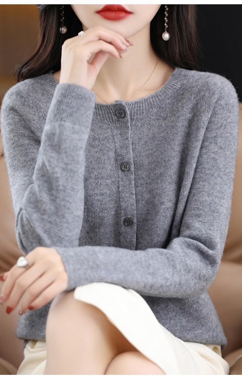 Damen Strickjacke Merino Wolle Rundhals Langärmlig