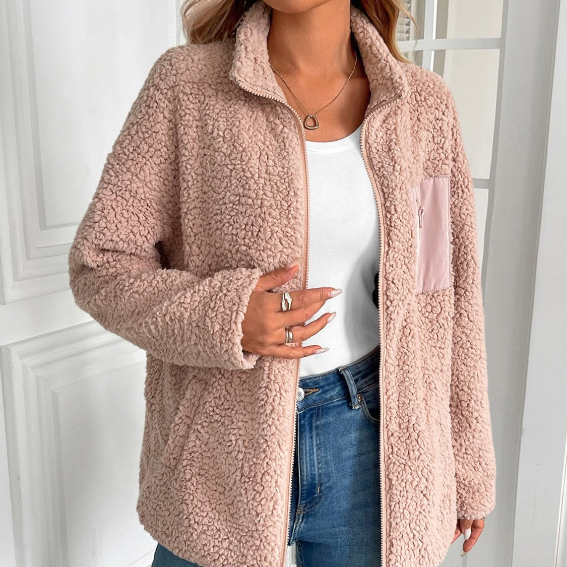 Fuzzy Jacke Damen Warm Winterlich Lässig Zip Up