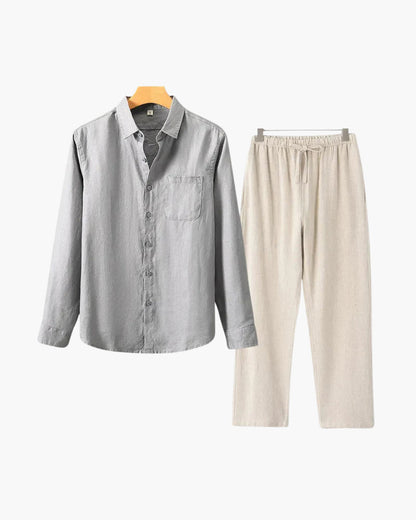 Herren Leinenanzug Sommer Zweiteiler Langarm Hose Hemd Set