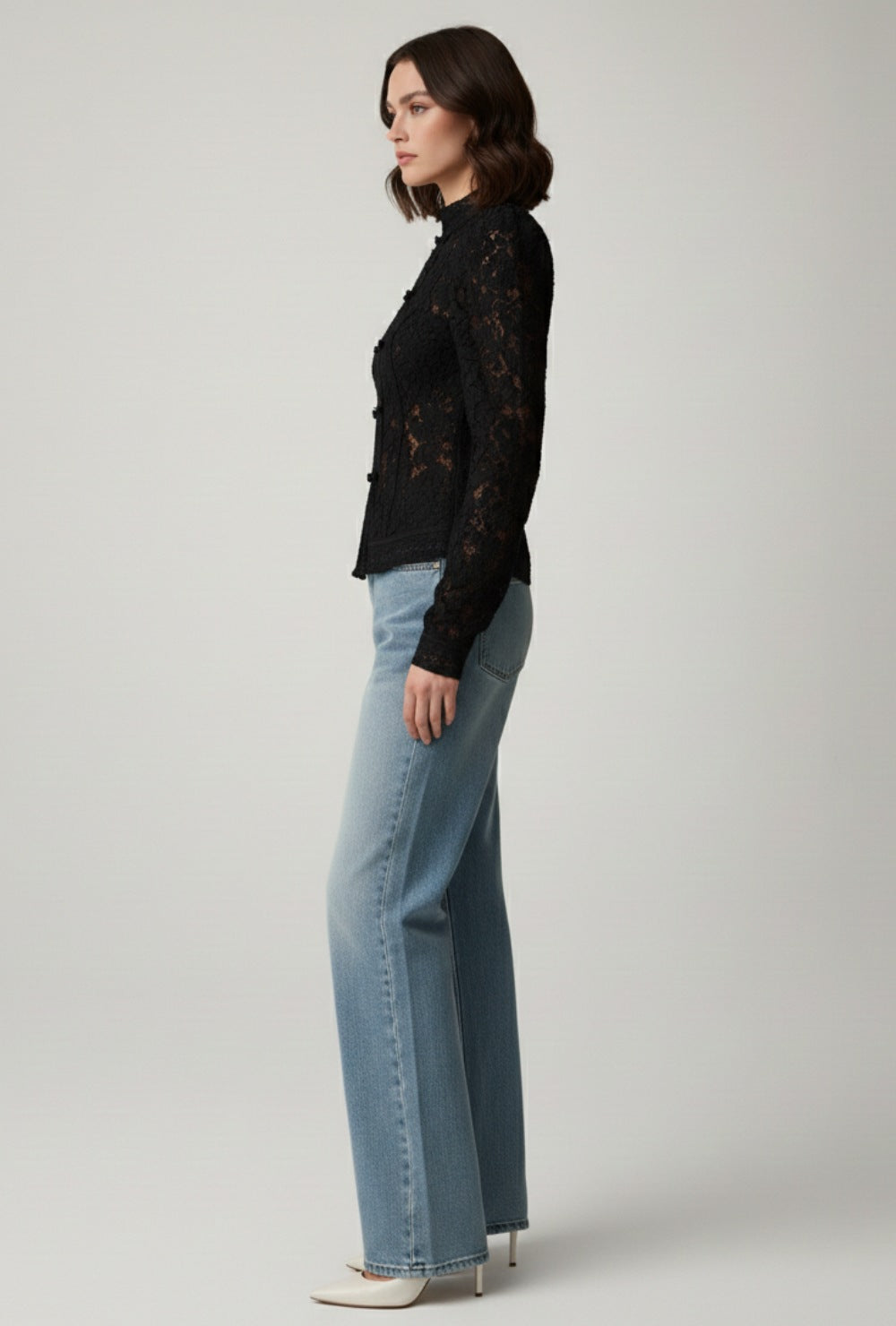 Elegante Spitzenbluse Damen Stehkragen Feminin