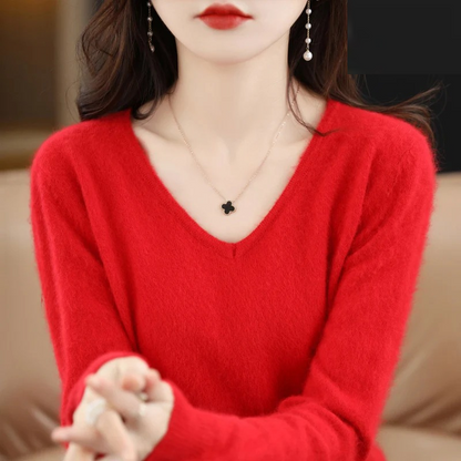 Damen Pullover V-Ausschnitt Weich Leichter Strick