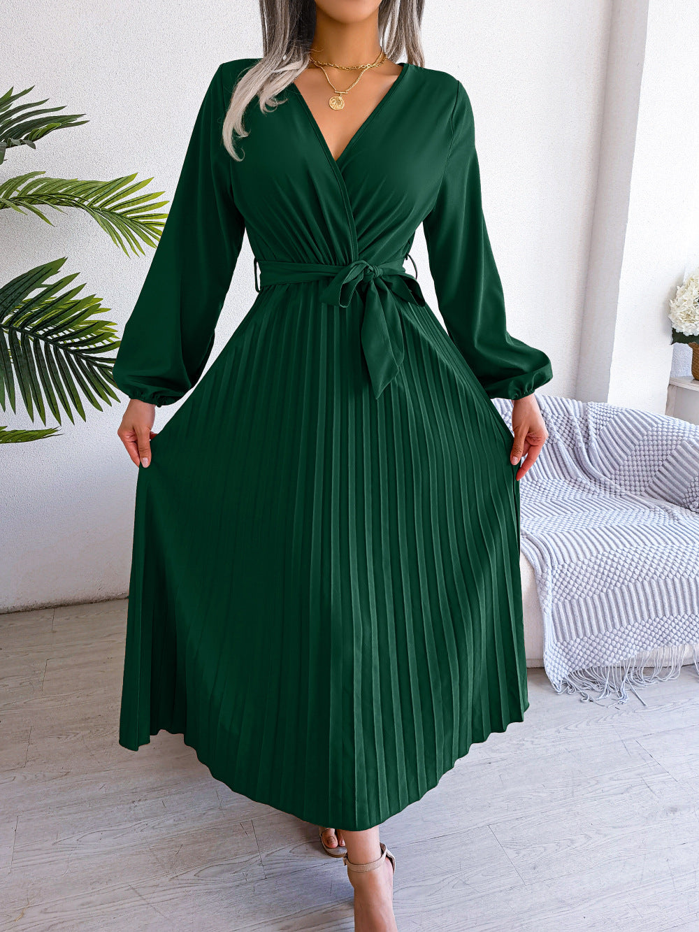 Elegantes Maxikleid Damen Plissee Gürtel Langkleid Schwarz