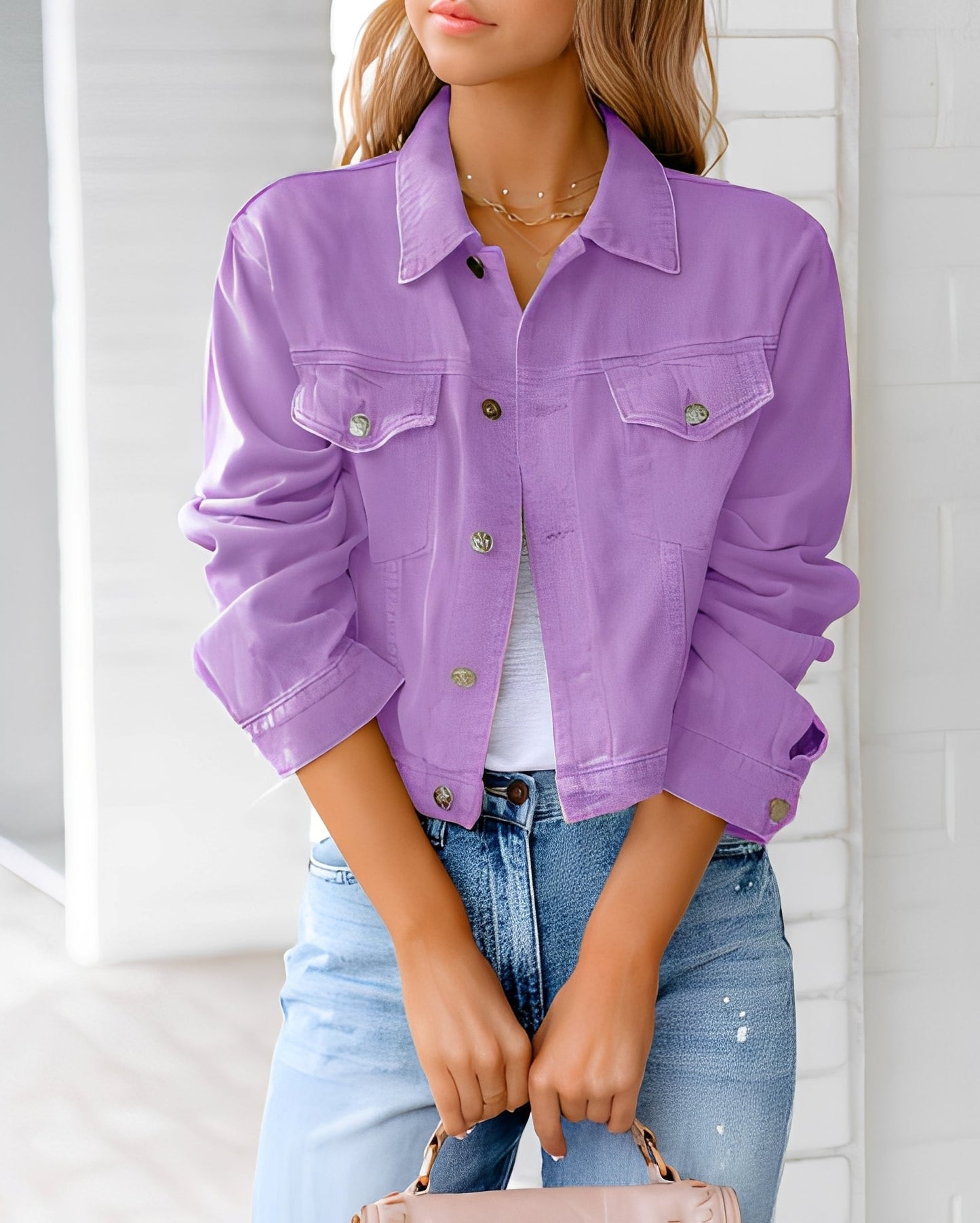 Modische Jeansjacke Damen Mit Knöpfen Und Taschen