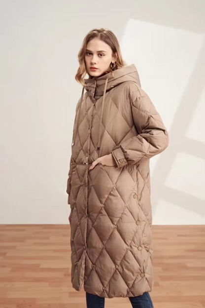 Langer Damenmantel mit Kapuze Diamant Muster Warm