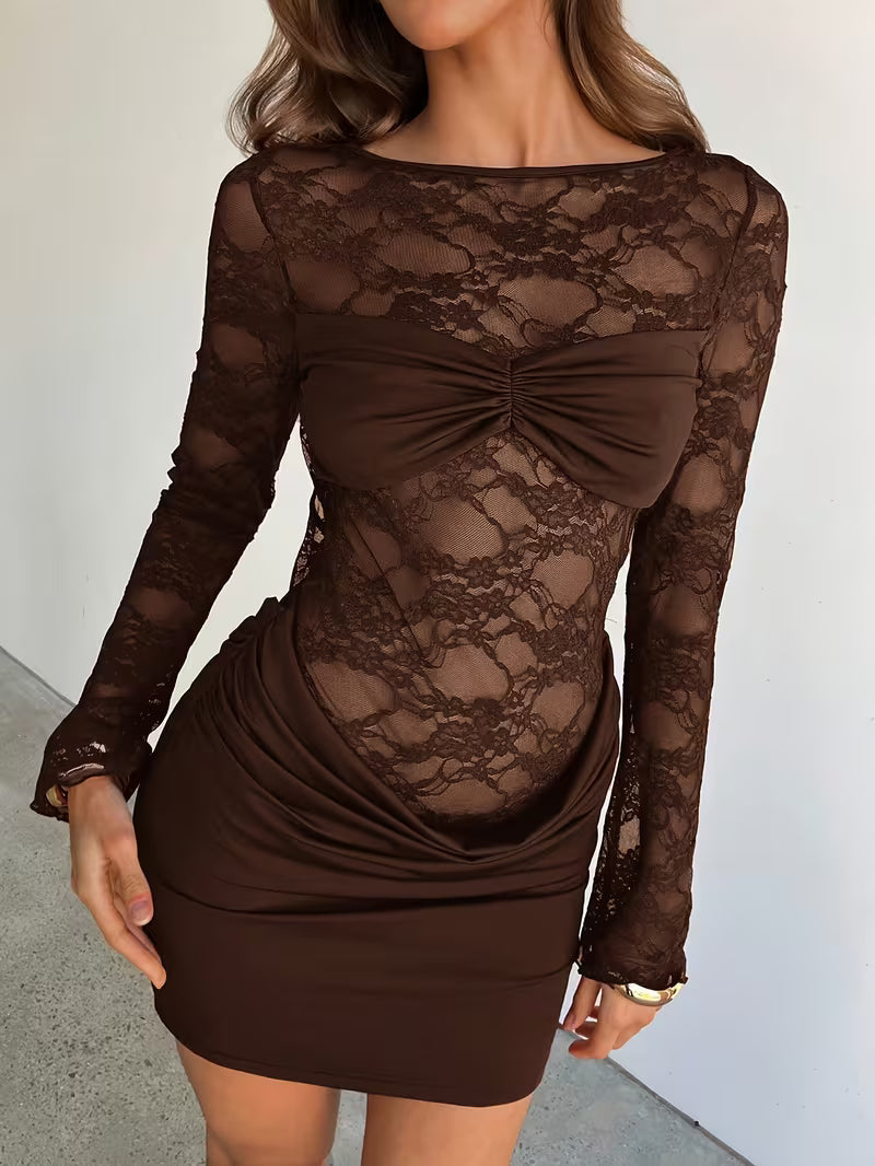 Spitzenkleid Mini Offener Rücken Lange Ärmel