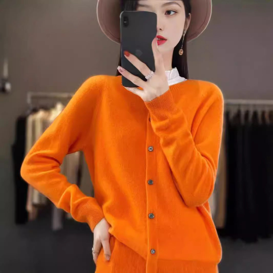 Damen Strickjacke Merino Wolle Rundhals Langärmlig