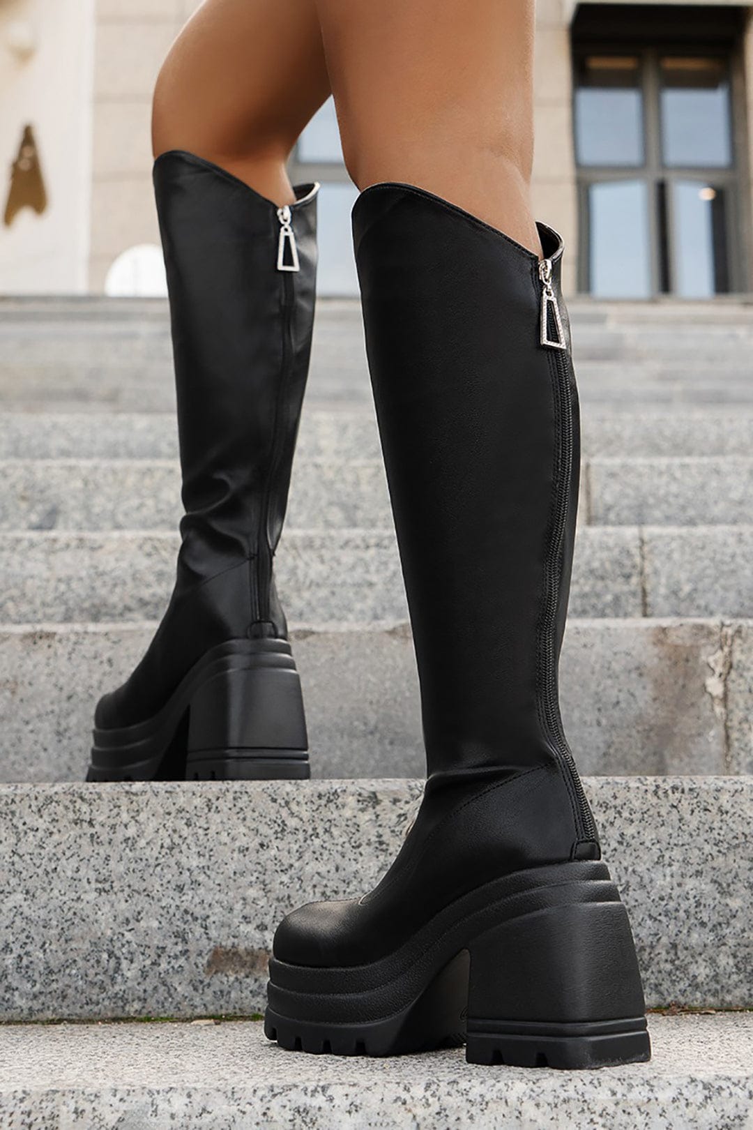 Schwarze Plateau-Stiefel Damen Kniehoch Bequem Stilvoll