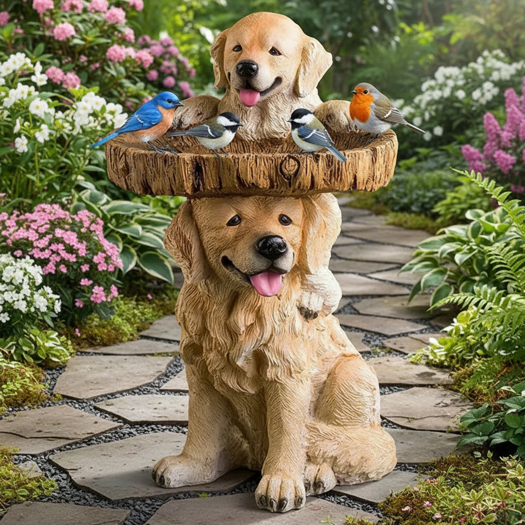 Gartenstatue Welpen Golden Retriever Dekor Vogelbad