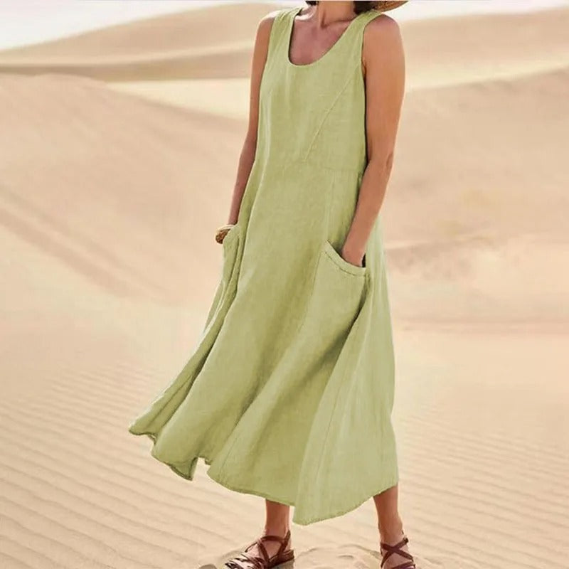 Leinenkleid Damen Ärmellos Sommerkleid mit Taschen