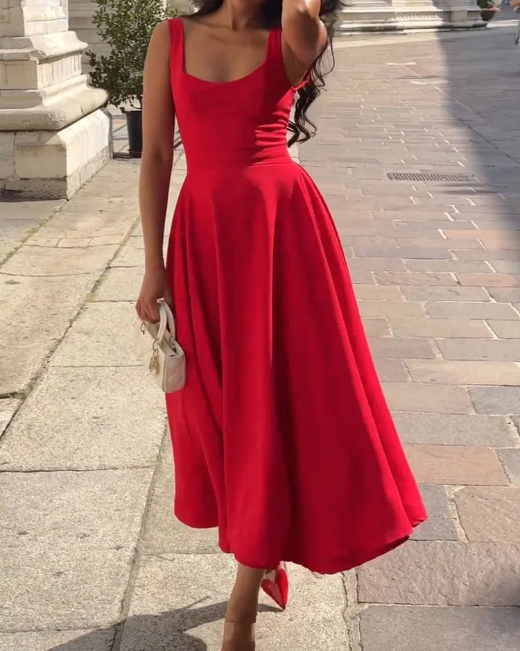 Rotes Midikleid Mit Trägern Elegantes Damenkleid