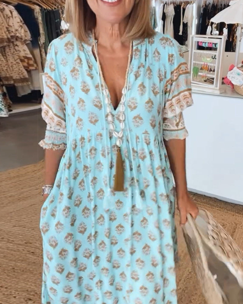 Damen Midi-Kleid Bedruckt V-Ausschnitt Sommerkleid