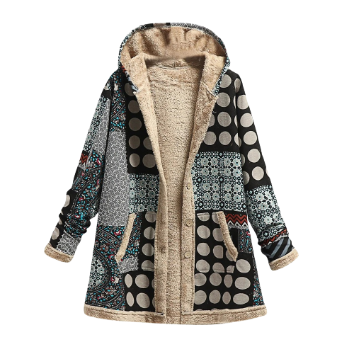 Kapuzenmantel Damen Patchwork Gefüttert Knöpfe Taschen
