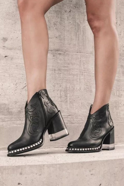 Nude Stiefeletten Damen Western Blockabsatz mit Nieten