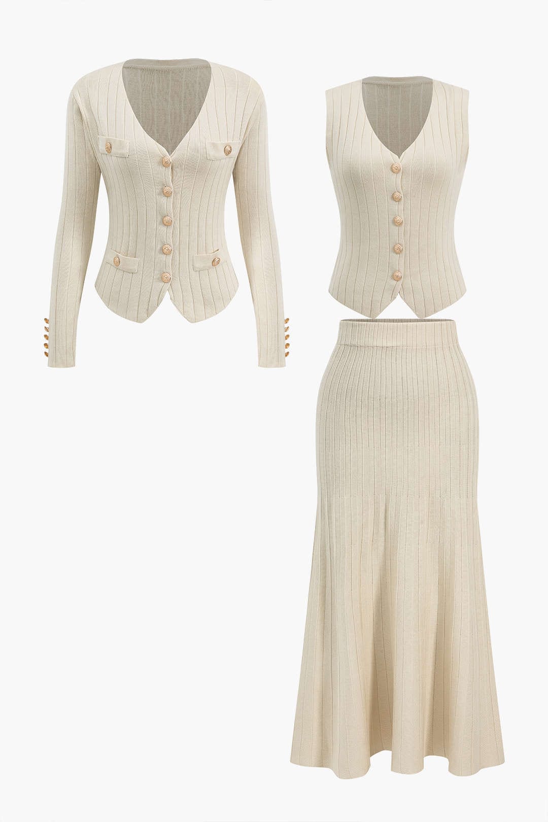 Damen Strick-Set mit Blazer, Weste und Midirock