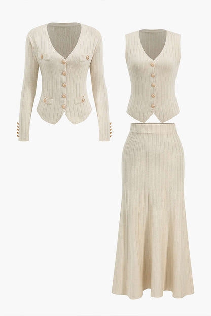 Damen Strick-Set mit Blazer, Weste und Midirock