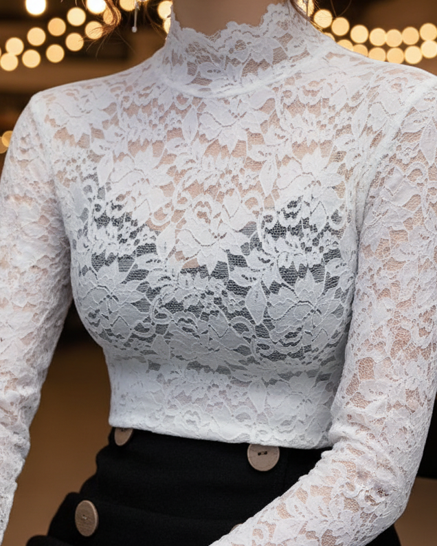 Damen Bluse Spitzen Stehkragen Frühling Modern
