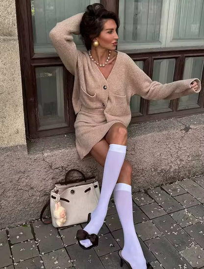 Strick-Set Beige Cardigan und Minirock Damen