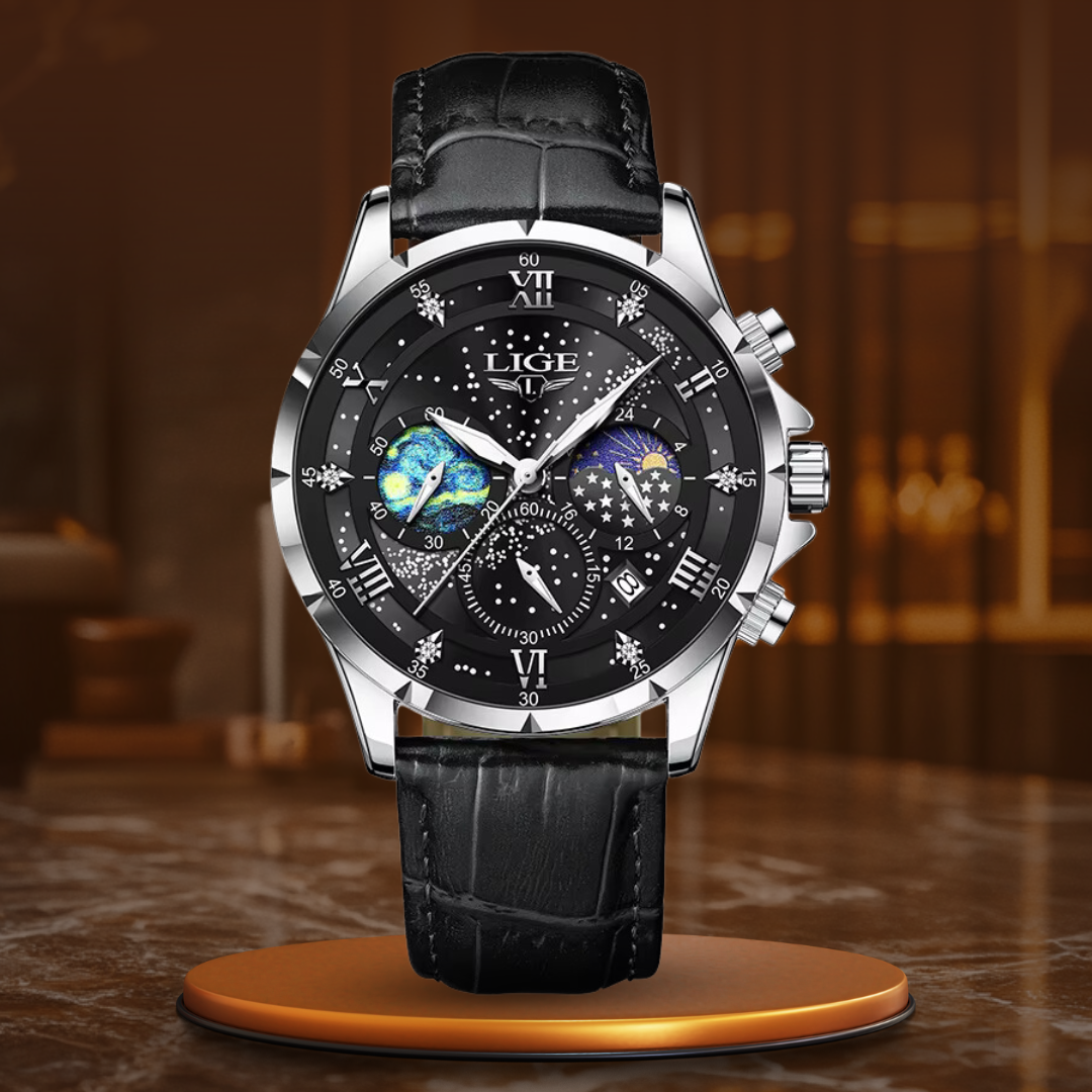 Herren Armbanduhr Mondphase Edelstahl Schwarz