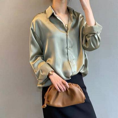 Damen Seidenbluse Elegante Knopfleiste Bluse