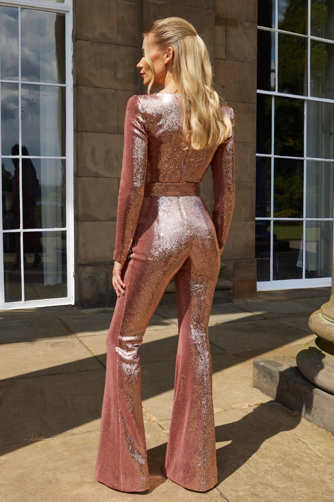 Glitzer Jumpsuit Langarm Pailletten Abendkleid