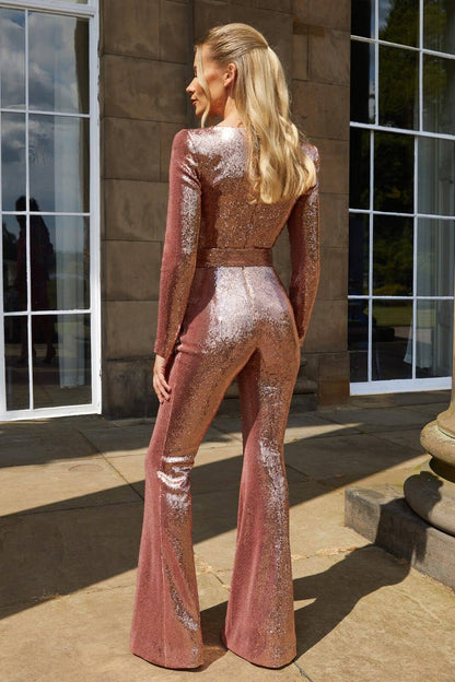 Glitzer Jumpsuit Langarm Pailletten Abendkleid